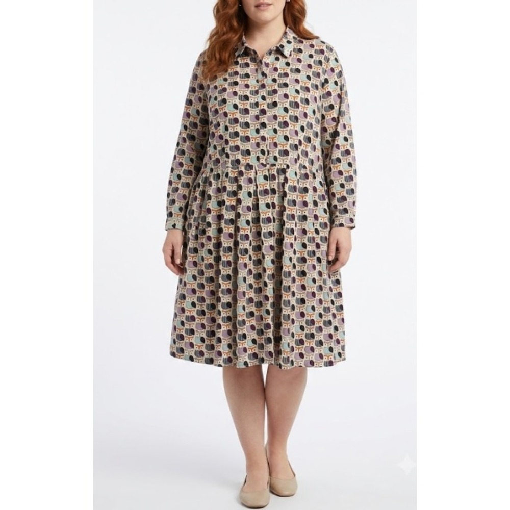 Eloquii Shirt Dress size 24 Multi Owl‎ Print Long Sleeve Pleated Button Front